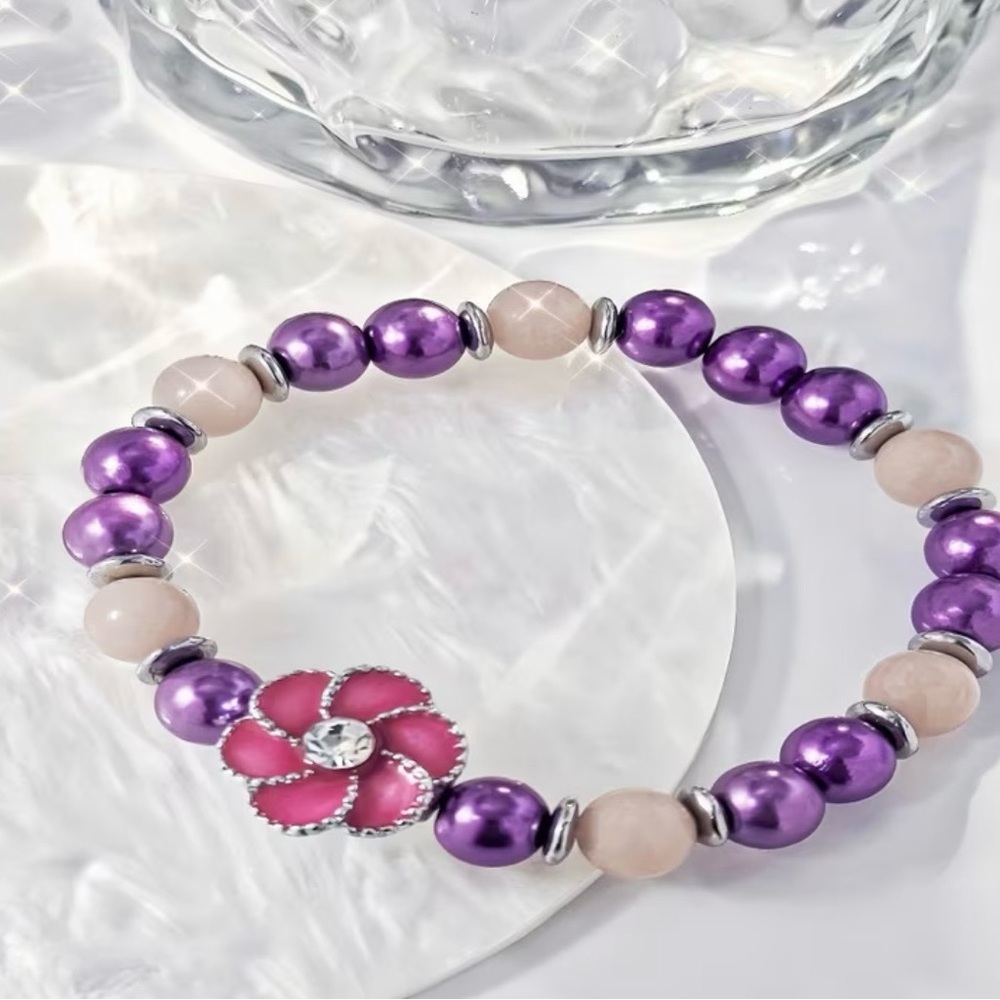 Glow in the Dark Purple and Pink Beaded Bracelet with Flower Charm